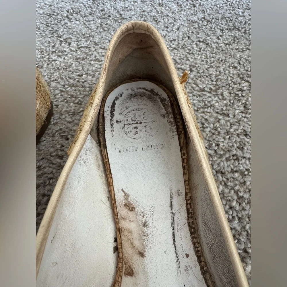 Tory Burch Reva Raffia Ballet Flats | Beige Leather Designer Shoes